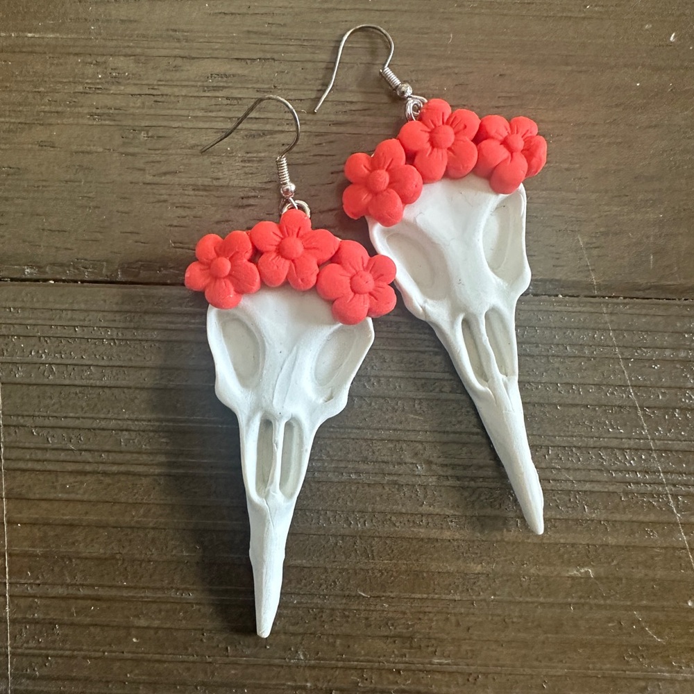 Artisan Handmade Clay White Skull Earrings with Red Flowers